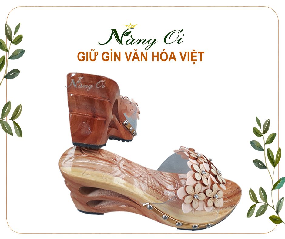 Guốc Gỗ Cao Gót 8cm Chạm Khắc 2 Giọt Nước VN08